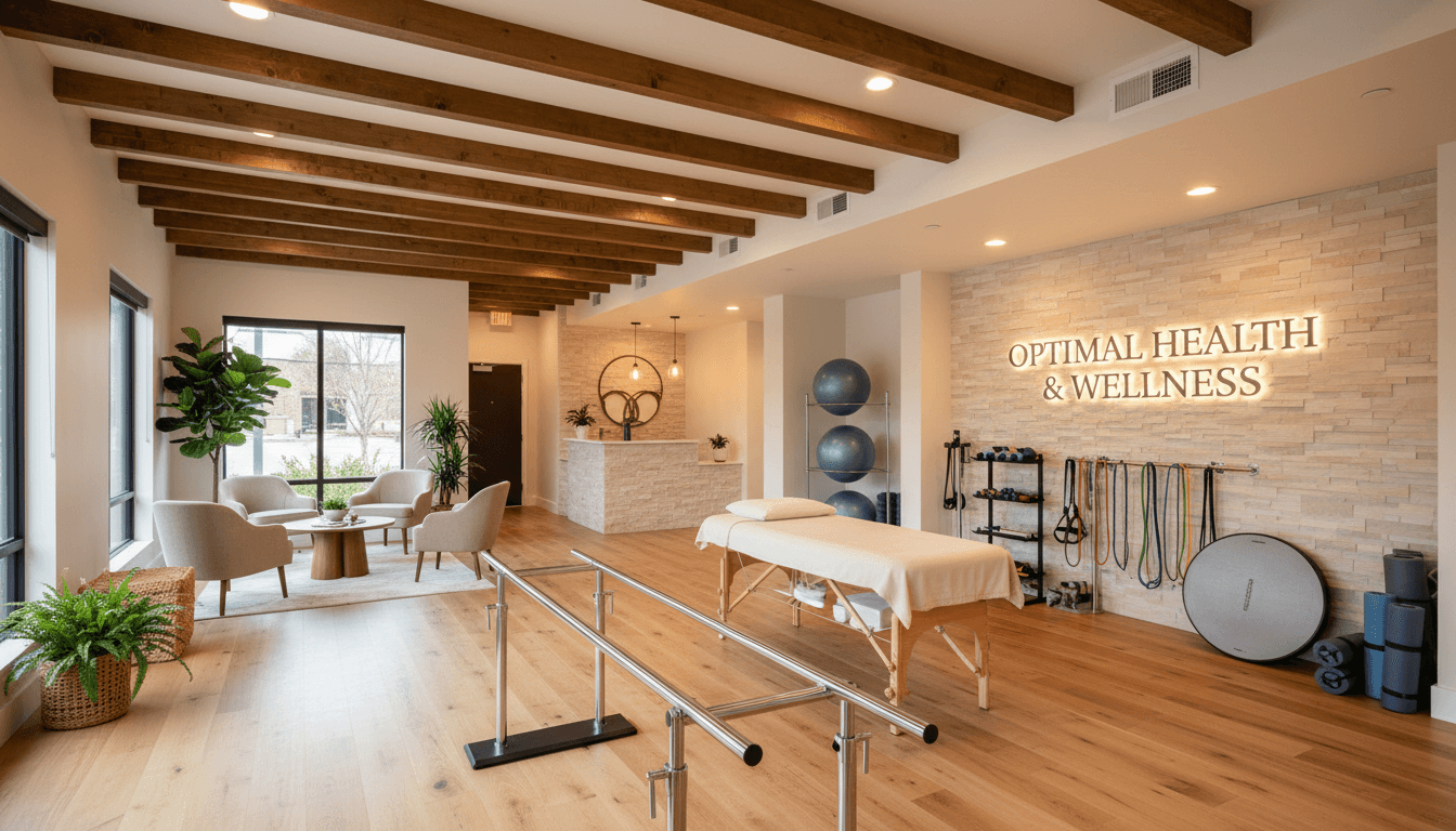 Wellness clinic interior with warm lighting and physical therapy equipment.